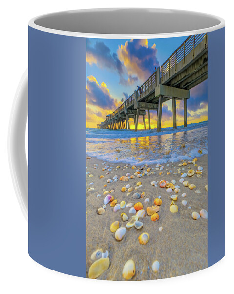 Juno Beach Pier Coffee Mug featuring the photograph Juno Beach Pier Sunrise Shells at Atlantic Ocean by Kim Seng