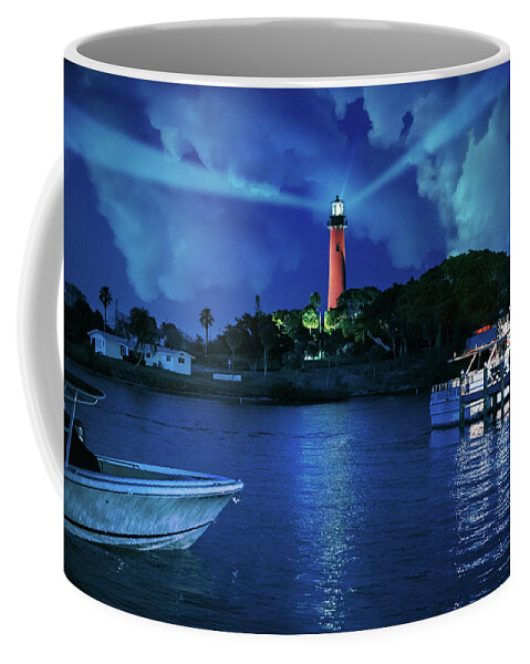 Jupiter Lighthouse Coffee Mug featuring the photograph Jupiter Lighthouse at Night by Laura Fasulo