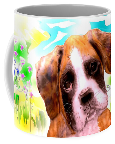 Pencil Sketched Boxer Puppy Resting After A Romp In The Meadow. Coffee Mug featuring the mixed media Just another Blossom. by Pamela Calhoun