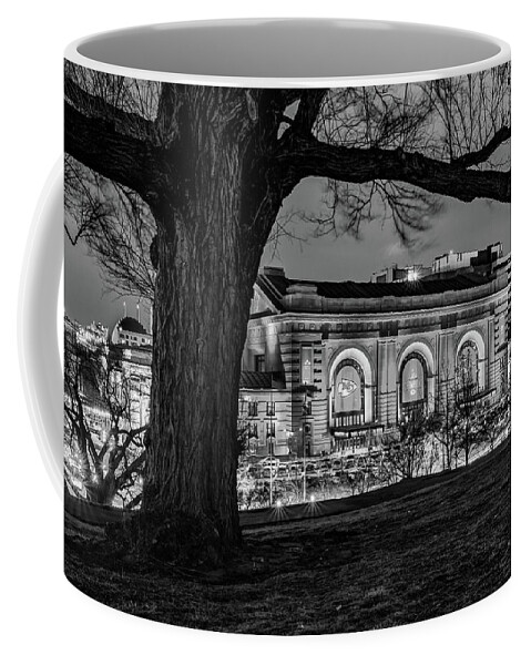 Kansas City Chiefs Coffee Mug featuring the photograph Kansas City Union Station Covered in Chiefs Championship Banners - Black and White by Gregory Ballos