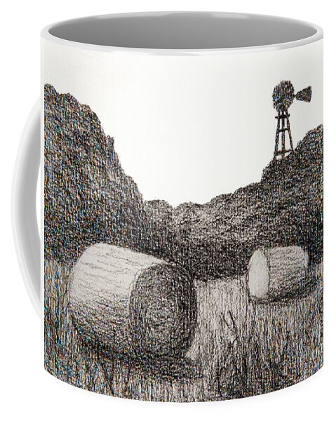 Windmill Coffee Mug featuring the drawing Kansas windmill and hay by Garry McMichael