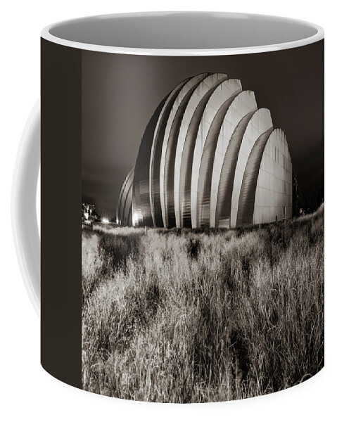 Kansas City Skyline Coffee Mug featuring the photograph Kauffman Center Architectural Landscape - Kansas City Sepia by Gregory Ballos