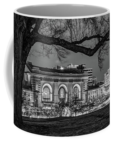 Kansas City Chiefs Coffee Mug featuring the photograph KC Union Station Panorama in Honor of the World Champions - Black and White by Gregory Ballos