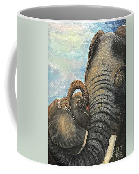Baby Love Hope First Kiss Warmth Gold Elephant Surreal Blue Sky Expression Animal Cream Loving Coffee Mug featuring the painting Kisses by Katherine Caughey