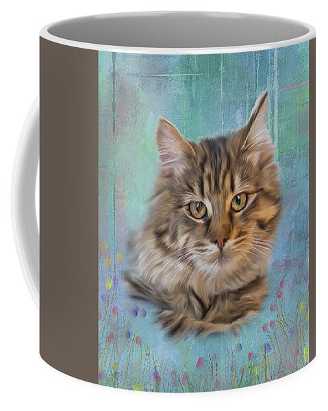 Tiger Kitty Coffee Mug featuring the digital art Kitty in Flower Field by Mary Timman