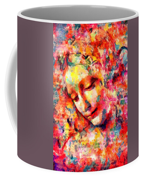 La Scapigliata Coffee Mug featuring the digital art La Scapigliata, 'The Lady with Dishevelled Hair', by Leonardo da Vinci - multicolor portrait by Nicko Prints