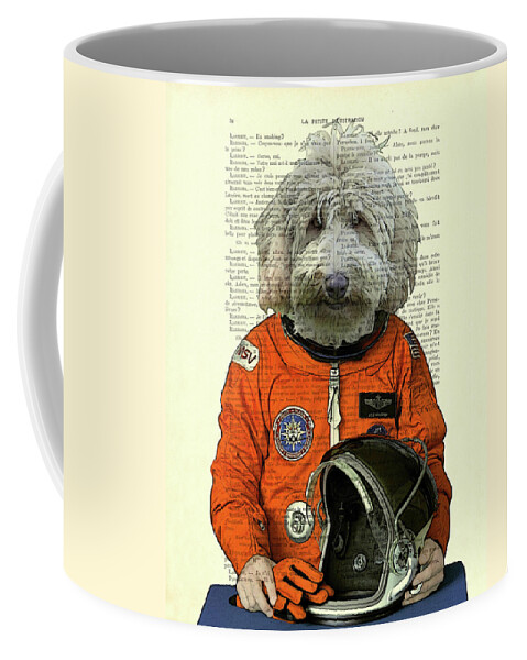 Space Themed Coffee Mug featuring the mixed media Labradoodle astronaut, space animal dictionary art print by Madame Memento