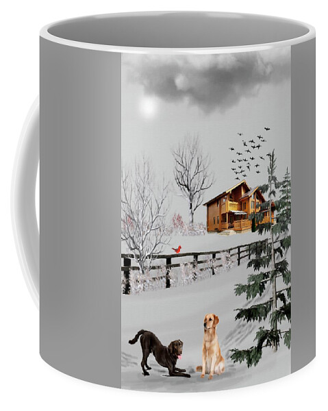 Labs Coffee Mug featuring the mixed media Labrador Retrievers Winter Snow Color by David Dehner