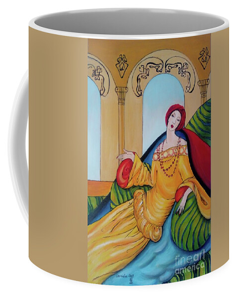 Lady Coffee Mug featuring the painting Lady in Pillows by Leonida Arte