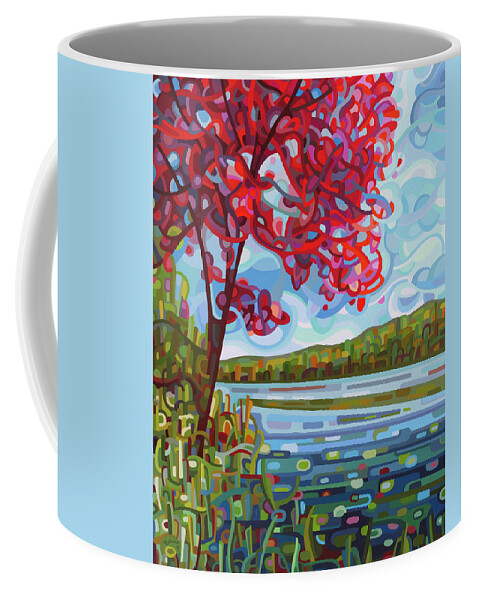 Fall. Red Maple Coffee Mug featuring the painting Lady in Red by Mandy Budan