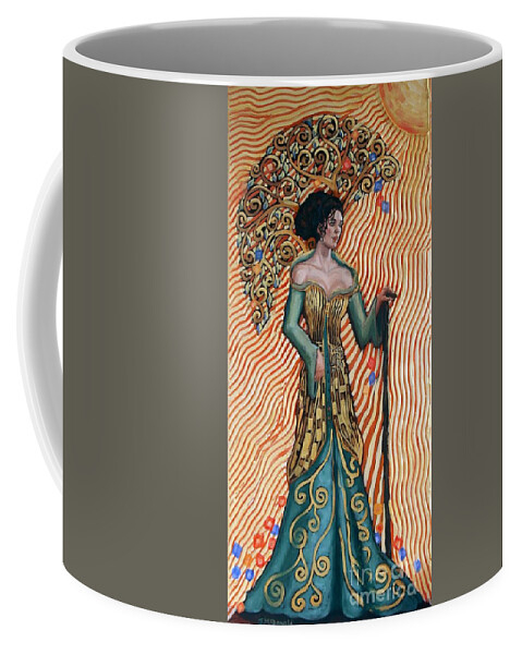 Klimt Inspired; Gold Coffee Mug featuring the painting Lady of the Woods by Janet McDonald