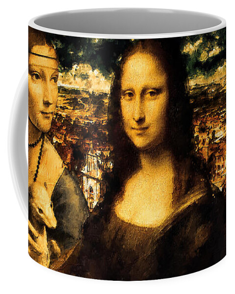 Lady With An Ermine Coffee Mug featuring the digital art Lady with an Ermine, Mona Lisa, and La Belle Ferronniere - digital recreation by Nicko Prints