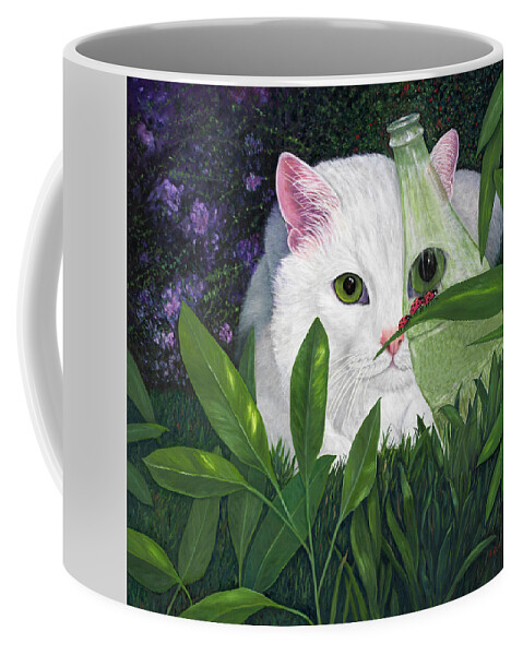 White Cat Art Coffee Mug featuring the painting Ladybugs and Cat by Karen Zuk Rosenblatt