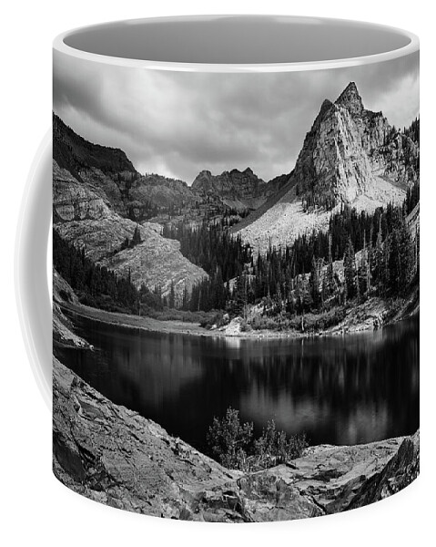 Utah Coffee Mug featuring the photograph Lake Blanche and the Sundial Black and White - Big Cottonwood Canyon, Utah by Brett Pelletier