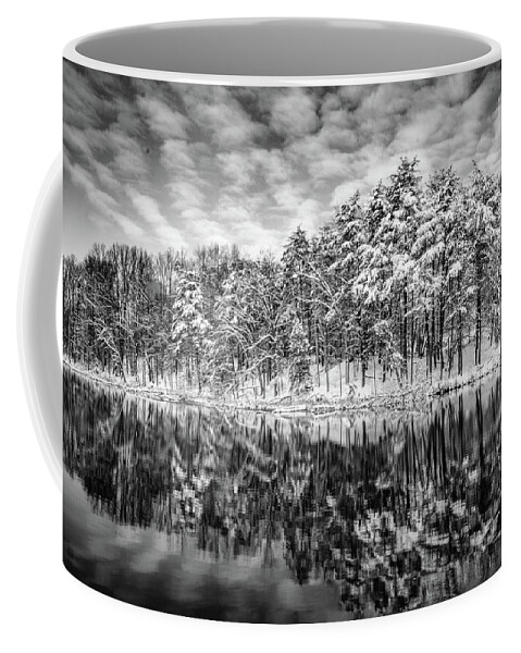 Black And White Coffee Mug featuring the photograph Lake Tighlman in Winter by Addison Likins