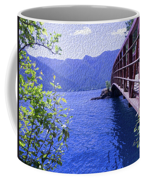 Lake Crescent Coffee Mug featuring the digital art Lakeshore Bridge by David Desautel