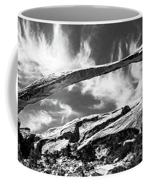 America Coffee Mug featuring the photograph Landscape arch in arches national park, black and white by Jean-Luc Farges
