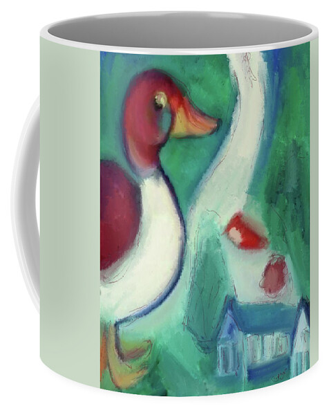 Chagall Coffee Mug featuring the painting Large Duck ala Chagall with small village church mallard forest cabin ghost bella impressionist food by MendyZ