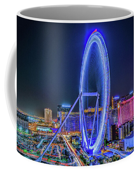 Las Vegas Las Vegas Nevada Neon Lights Coffee Mug featuring the photograph Las Vegas Nevada High Roller Ferris Wheel by Dave Morgan