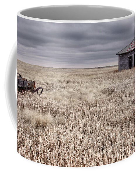 Wagon Coffee Mug featuring the photograph Last Load Delivered- Old wood wagon and homestead on ND Prairie near ghost town of Griffin by Peter Herman