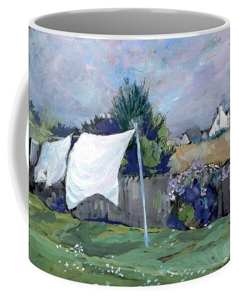 Landscape Coffee Mug featuring the painting Laundry Day by Sheila Wedegis