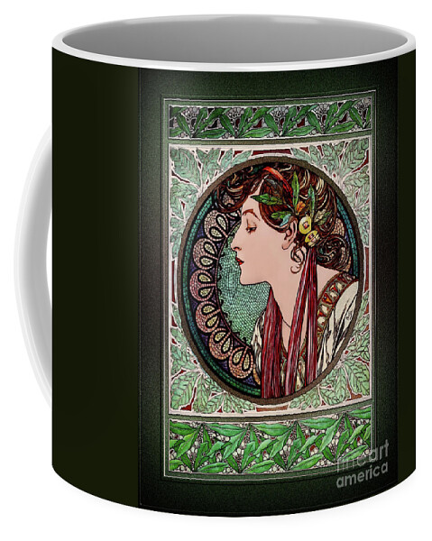 Laurel Coffee Mug featuring the painting Laurel by Alphonse Mucha Vintage Xzendor7 Old Masters Reproductions by Rolando Burbon