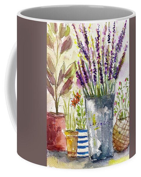 Lavender Coffee Mug featuring the painting Lavender and Salvia Potted Garden by Roxy Rich