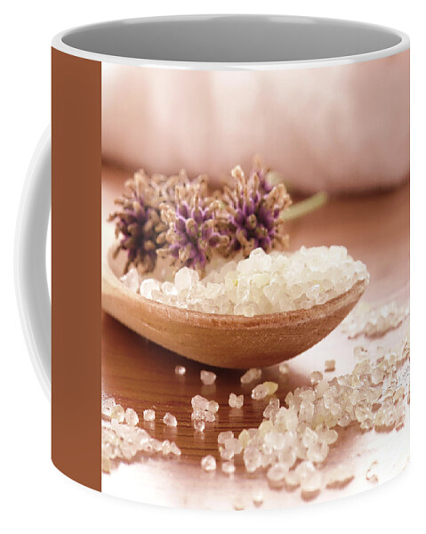 Aromatherapy Coffee Mug featuring the photograph Lavender Flowers and Sea Bath Salts in a Spa by Olivier Le Queinec