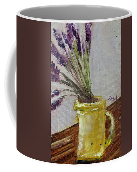 Lavender Coffee Mug featuring the painting Lavender in a Yellow Pitcher by Roxy Rich