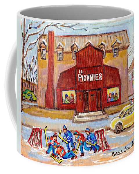 Montreal Coffee Mug featuring the painting Le Bar Pionnier Lakeshore Drive Pierrefonds Restaurant Painting Montreal Landmarks C Spandau Art by Carole Spandau