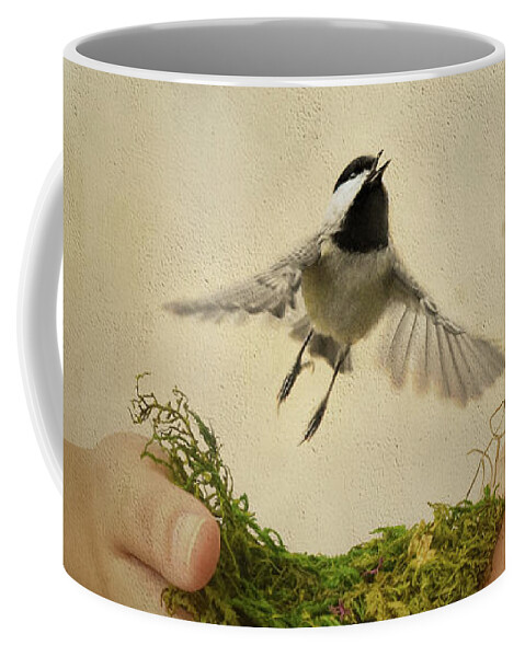 A Bird In The Hand Coffee Mug featuring the photograph Leap of Faith Chickadee A Bird In The Hand by Jai Johnson