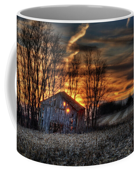 Barn Sunset Light Farm Rural Field Corn Stubble Evening Dusk Landscape Scenic Wi Wisconsin Stoughton Dane Madison Horizontal Orange Haunted Spooky Shed Tobacco Coffee Mug featuring the photograph Let the Light Shine Through - sunset through collapsing Wisconsin barn by Peter Herman