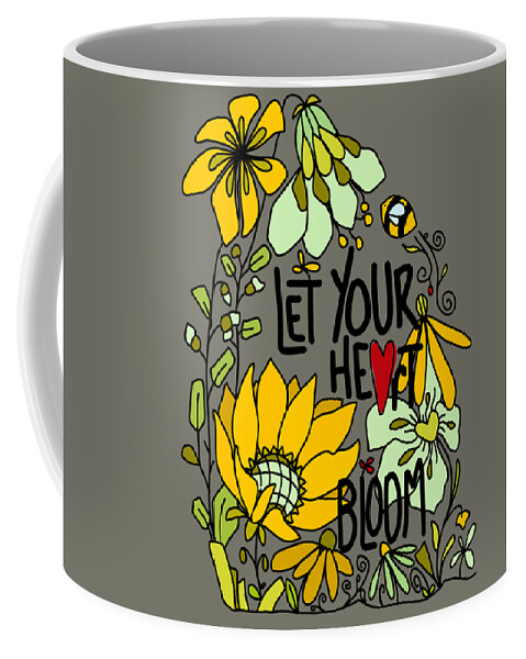 Let Your Heart Bloom Coffee Mug featuring the digital art Let Your Heart Bloom - Mint Green and Yellow and Black Line Art by Patricia Awapara