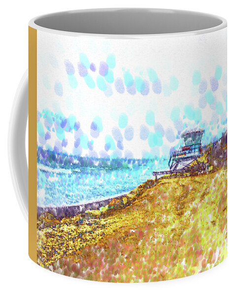 Pointillism Coffee Mug featuring the digital art Life Guard Station On A Lonely Beach by Kirt Tisdale