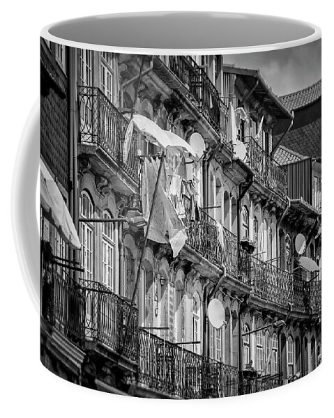 Porto Coffee Mug featuring the photograph Life in Ribeira Porto Black and White by Carol Japp