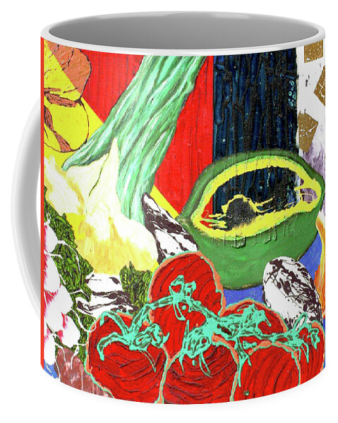 Hints Of Gold Abstract Contest Painting Vegetables Fruit Oil Tomatos Broccoli Mushrooms Coffee Mug featuring the painting Life of a Somnambulist by Kasey Jones