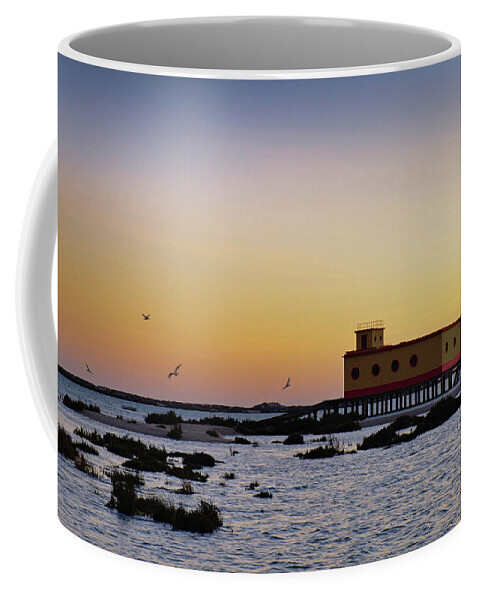 Algarve Coffee Mug featuring the photograph Lifesavers building and birds in Fuzeta. Portugal by Angelo DeVal