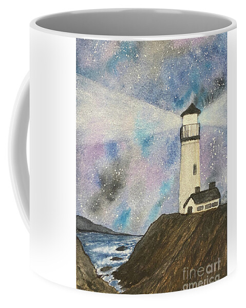 Lighthouse Coffee Mug featuring the painting Lighthouse at Night by Lisa Neuman