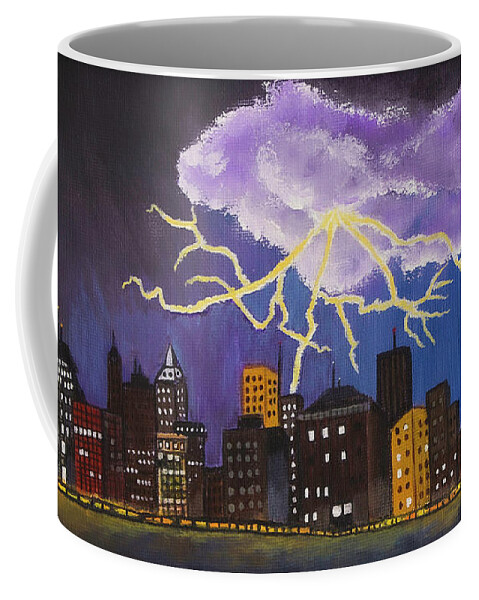 Lightning Coffee Mug featuring the painting City Lightning by Shirley Dutchkowski