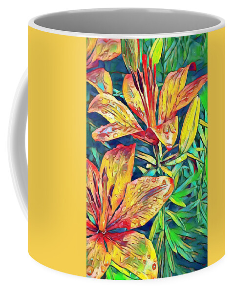 Macro Coffee Mug featuring the mixed media Lilies after the Rain by Ron Grafe