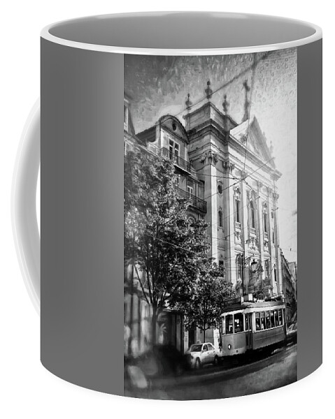 Lisbon Coffee Mug featuring the photograph Lisbon City Tram 28 Black and White by Carol Japp