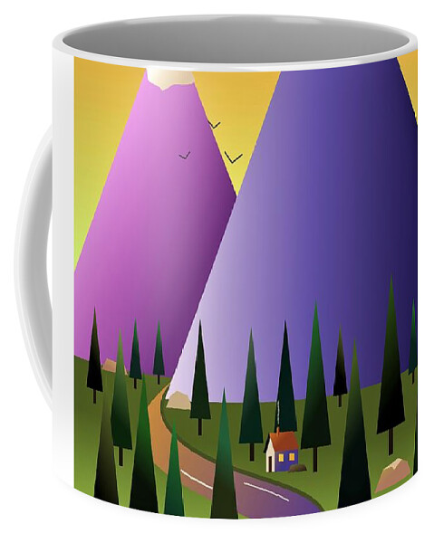 Mountains Coffee Mug featuring the digital art Little cottage 'neath the mountains by Fatline Graphic Art