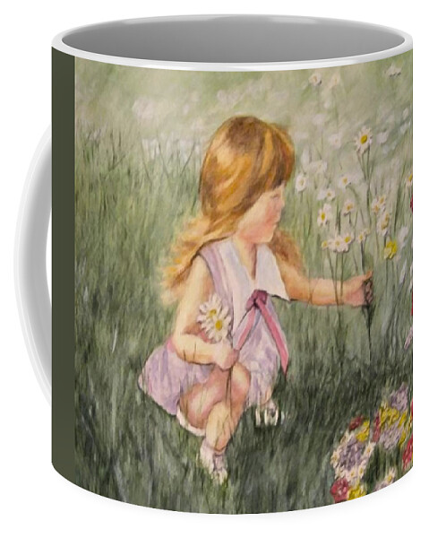 Little Girl Painting Coffee Mug featuring the mixed media Little Girl Picking Flowers by Kelly Mills