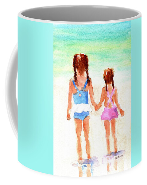 Little Sisters Coffee Mug featuring the painting Little Girls at the Beach by Carlin Blahnik CarlinArtWatercolor