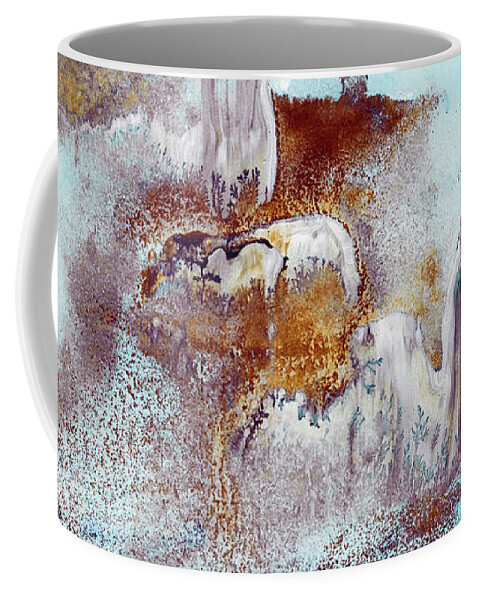 Abstract Coffee Mug featuring the painting Living In The Clouds - Blue and Gold Modern Abstract Painting by Modern Abstract