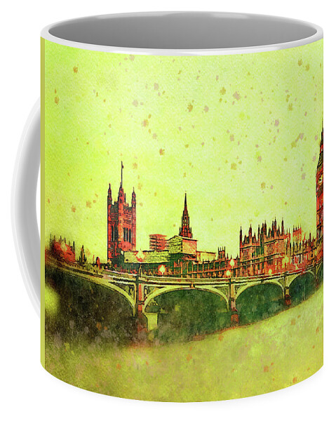 London Coffee Mug featuring the mixed media London Thames River View Watercolor Painting by Shelli Fitzpatrick