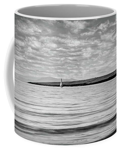 Boats Coffee Mug featuring the photograph Lone White Sailboat in Ireland in Black and White by Debra and Dave Vanderlaan