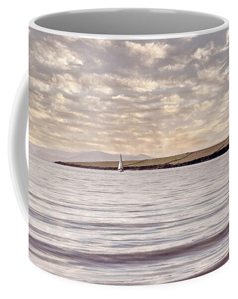 Boats Coffee Mug featuring the photograph Lone White Sailboat in Ireland in Neutral Vintage Tones by Debra and Dave Vanderlaan