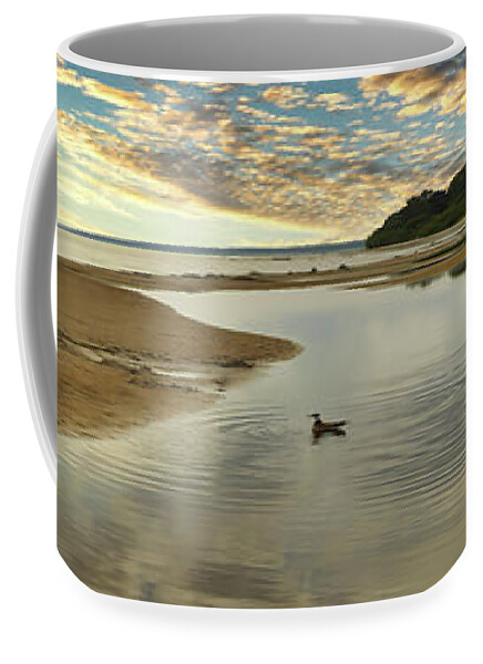 Photography #wide Format Photography #nature Photography #serenity#lonely Duck #panoramic View#reflection In Water #latvia Coffee Mug featuring the photograph Loneliness And Serenity In Wide Range Photography by Aleksandrs Drozdovs