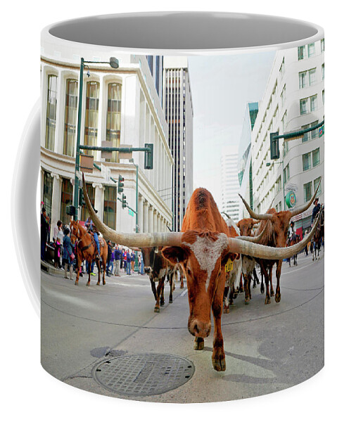 Human Interest Coffee Mug featuring the photograph Longhorn Steer in downtown Denver by Rick Wilking